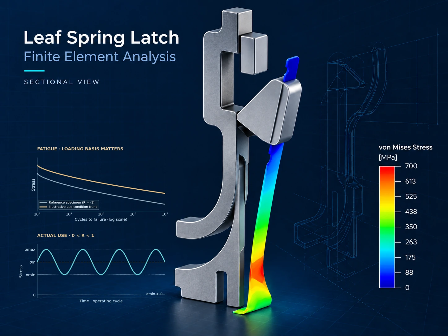 Leaf spring latch contour and comparative fatigue concepts showing a positive-to-positive operating stress cycle