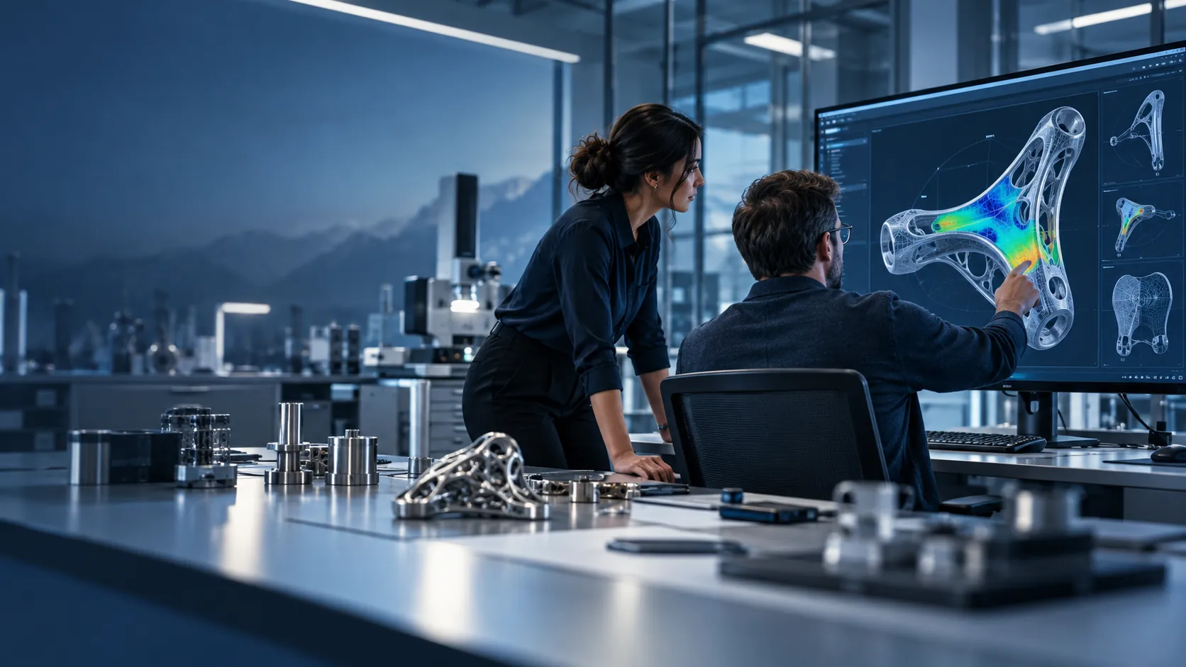 Illustrative engineering team reviewing an advanced mechanical simulation