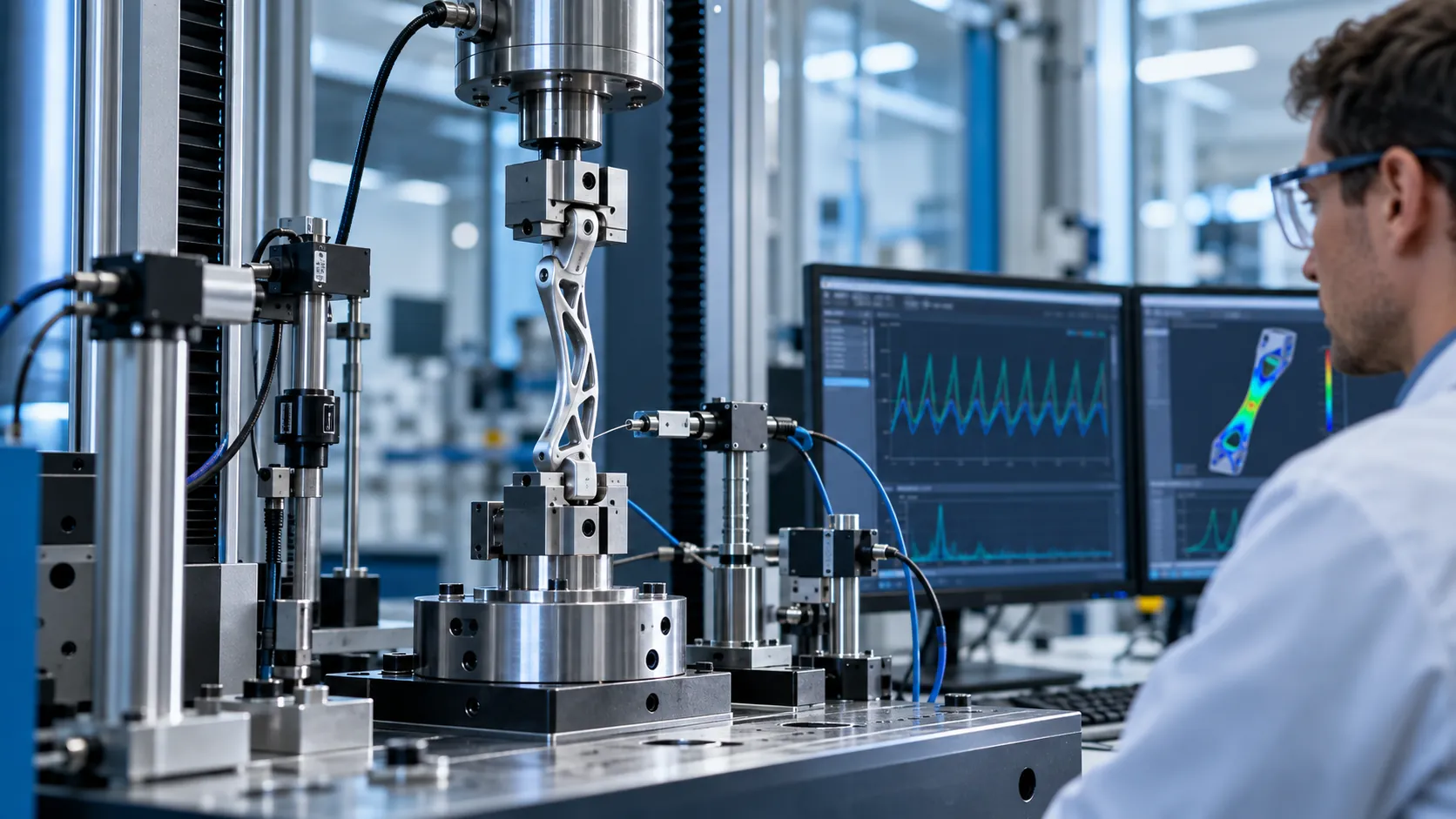 Illustrative precision mechanical component in a laboratory test fixture